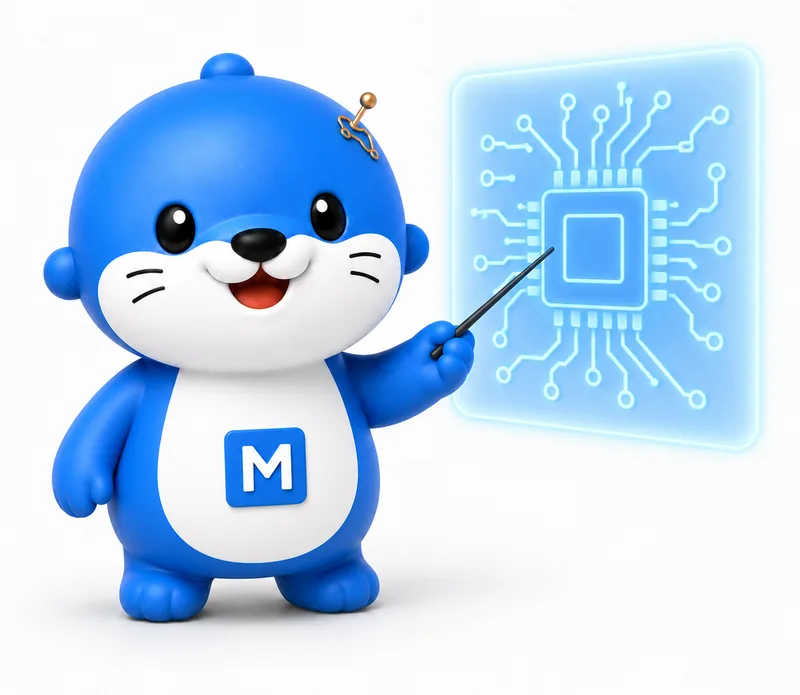MADUINOS mascot presenting an FPGA circuit hologram