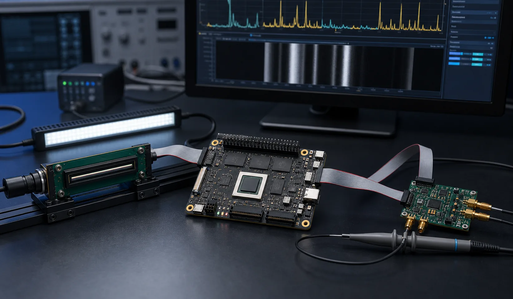 TDC module validation setup with FPGA board oscilloscope and timing data